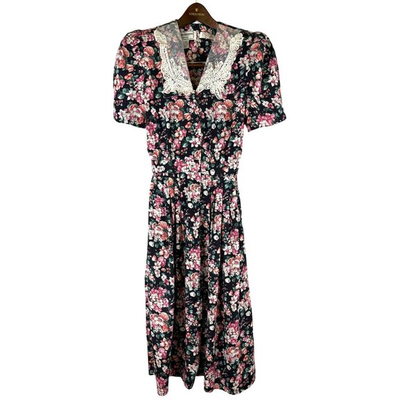 VTG Cottage Karin Stevens Lace collar Floral Button Front Dress, Women's Size 8 - Picture 2 of 12
